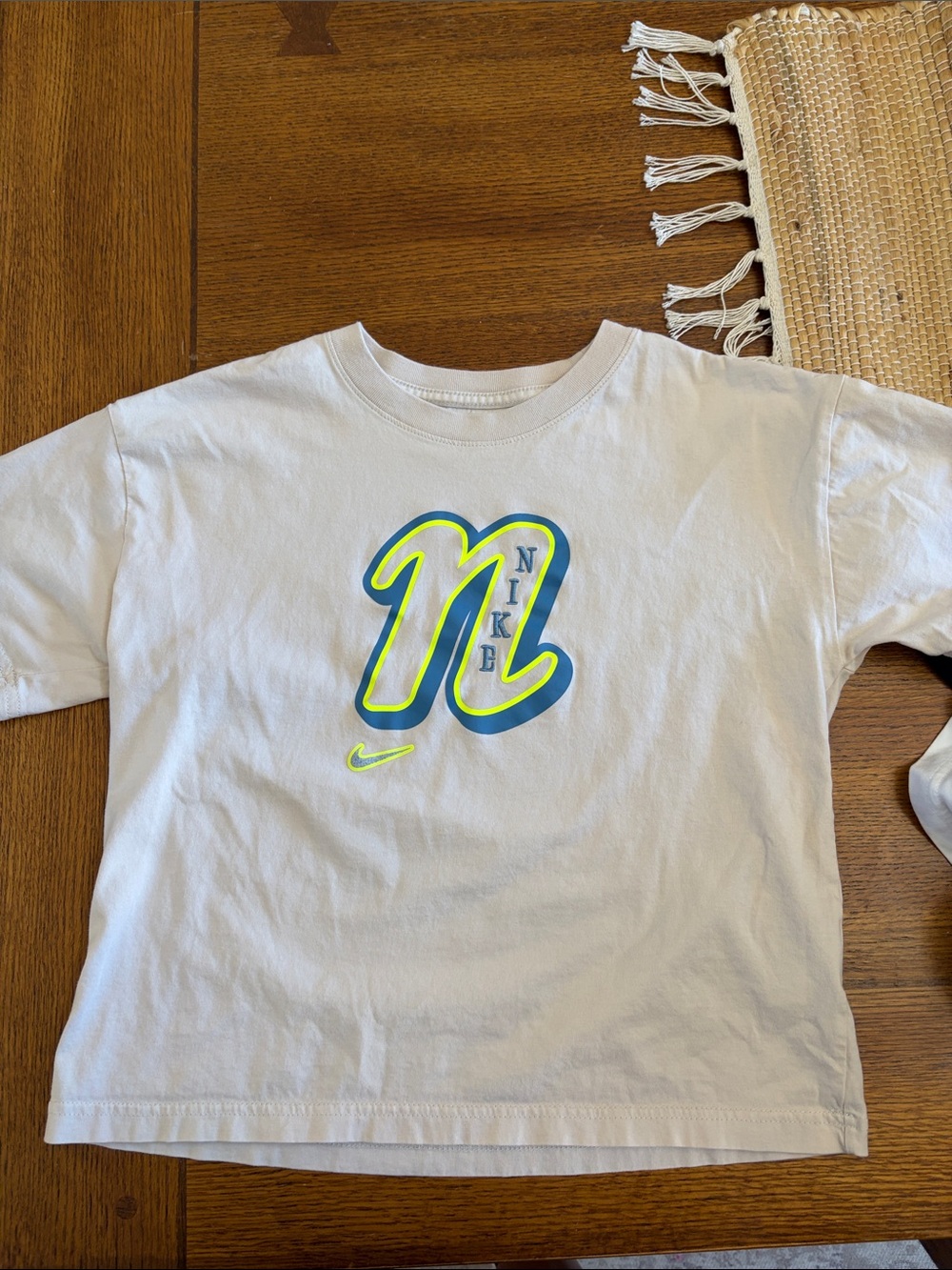 Nike White Tee with Neon Yellow and Blue Graphic Logo